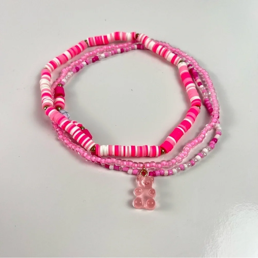 Lot of 3 Beaded Girls Chokers Pink Teddy Bear